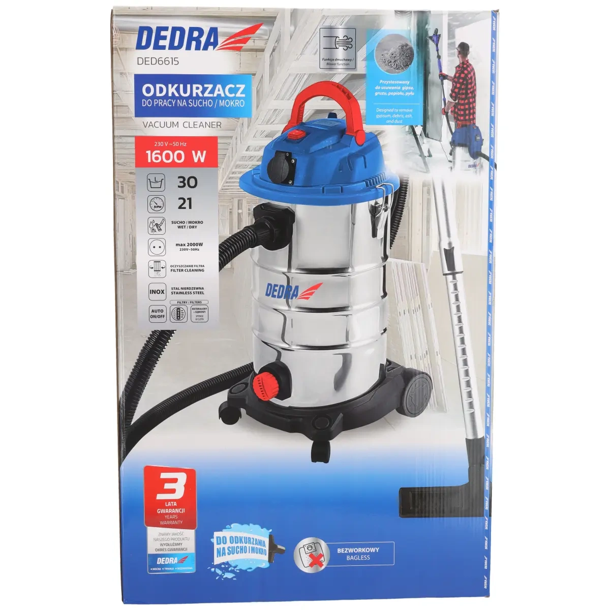 Odkurzacz z otrząsaczem do pracy na sucho/mokro DEDRA DED6615, 1600W, pojemik 30 l, teleskopowa rura metalowa